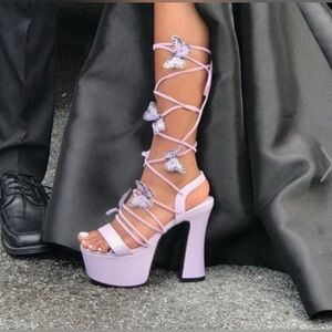 Dolls Kill Sugar Thrillz Pixie Queen Lavender Butterfly Lace-Up Platform Heels